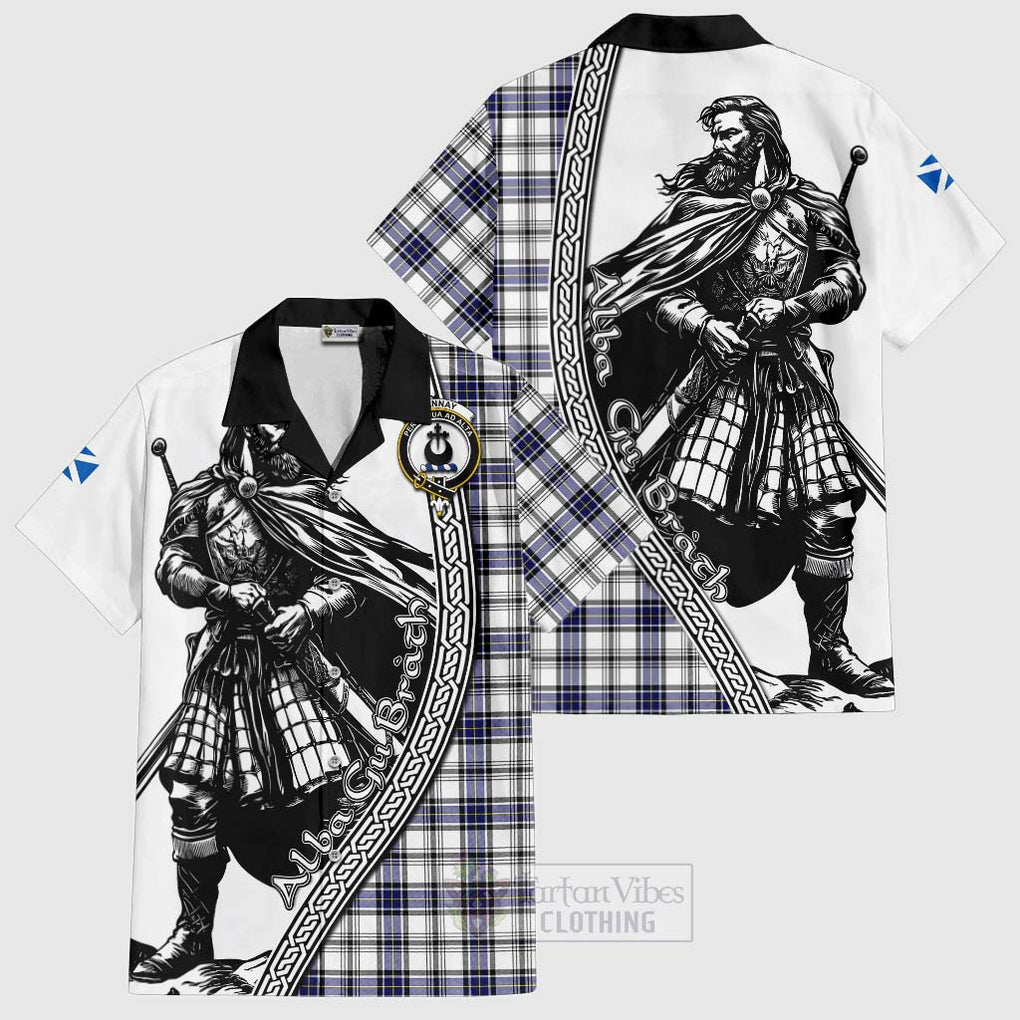 Tartan Vibes Clothing Hannay Tartan Clan Crest Short Sleeve Button Shirt with Highlander Warrior Celtic Style