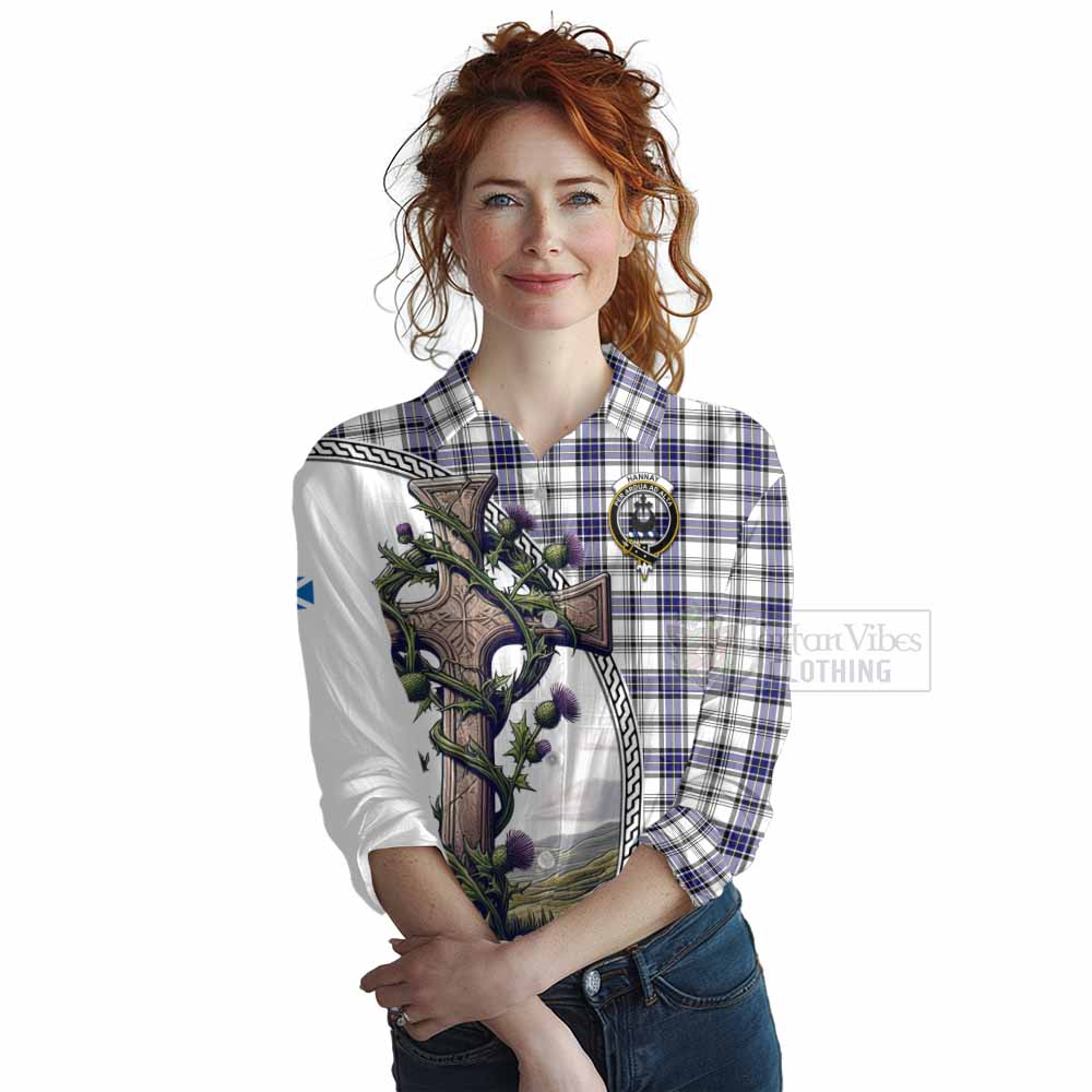 Tartan Vibes Clothing Hannay Tartan Women's Casual Shirt with Family Crest and St. Andrew's Cross Accented by Thistle Vines