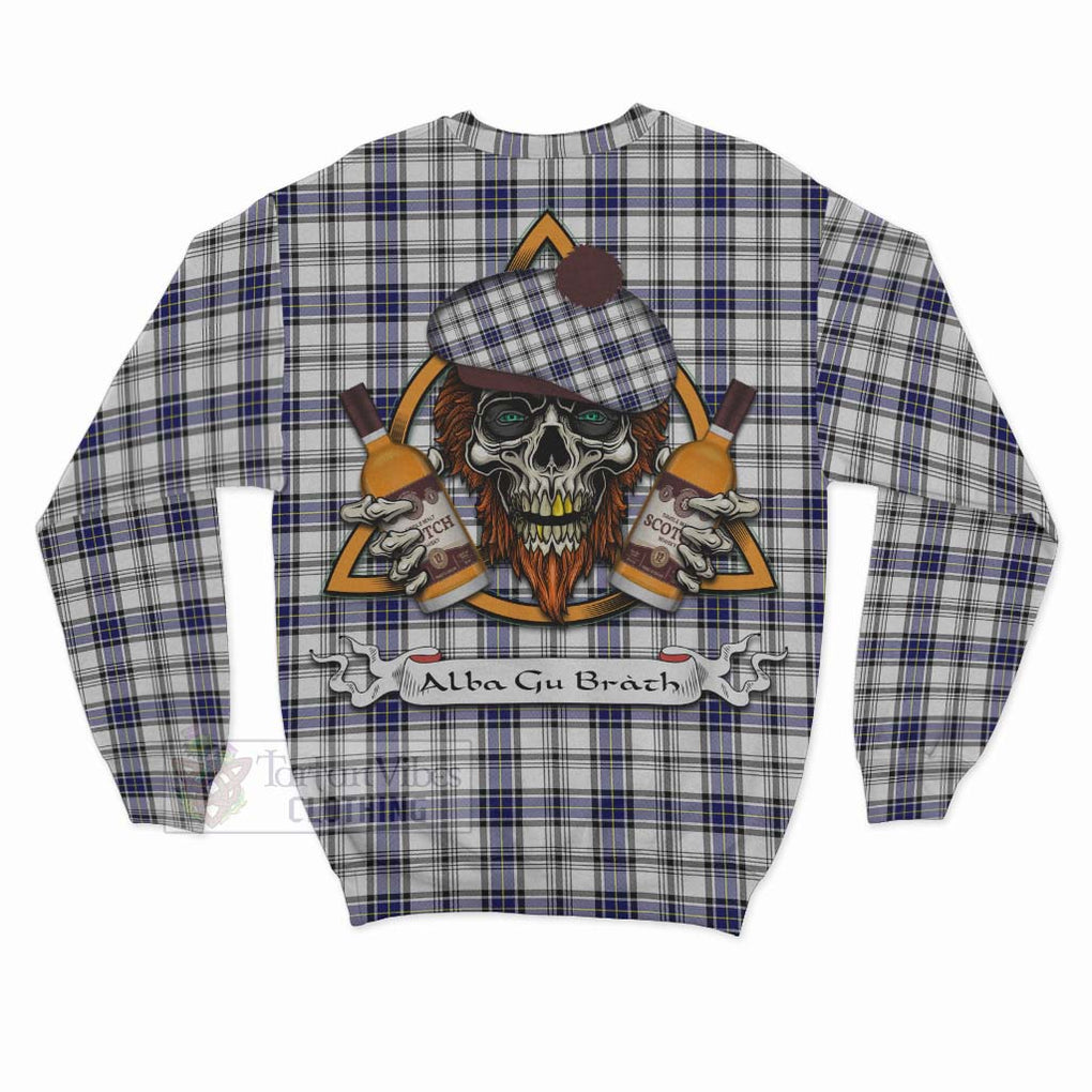 Tartan Vibes Clothing Hannay Tartan Sweatshirt with Family Crest and Bearded Skull Holding Bottles of Whiskey