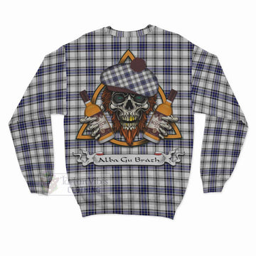 Hannay Tartan Sweatshirt with Family Crest and Bearded Skull Holding Bottles of Whiskey