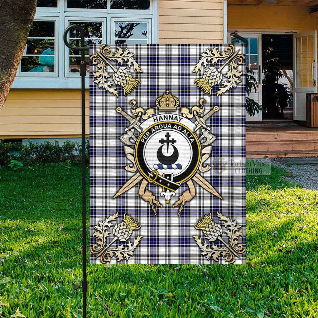 Tartan Vibes Clothing Hannay Tartan Flag with Family Crest and Golden Thistle Crossed Sword Design