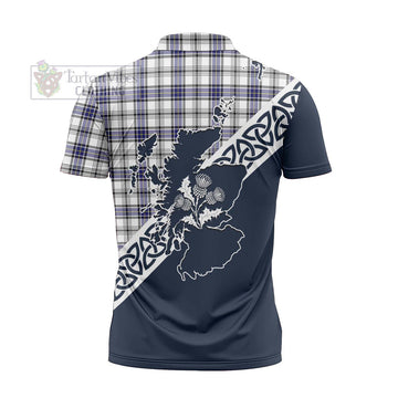 Hannay Tartan Zipper Polo Shirt Featuring Thistle and Scotland Map