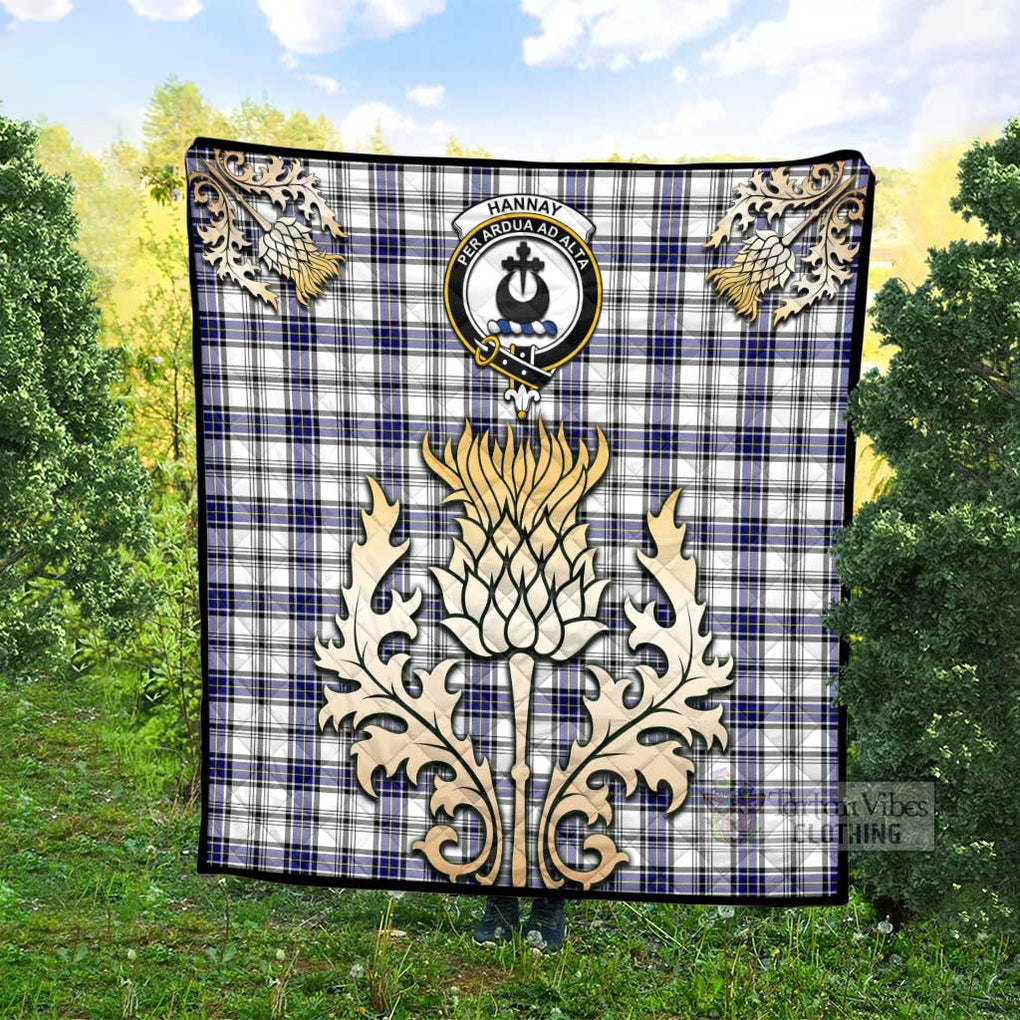 Tartan Vibes Clothing Hannay Tartan Quilt with Family Crest and Golden Thistle Style