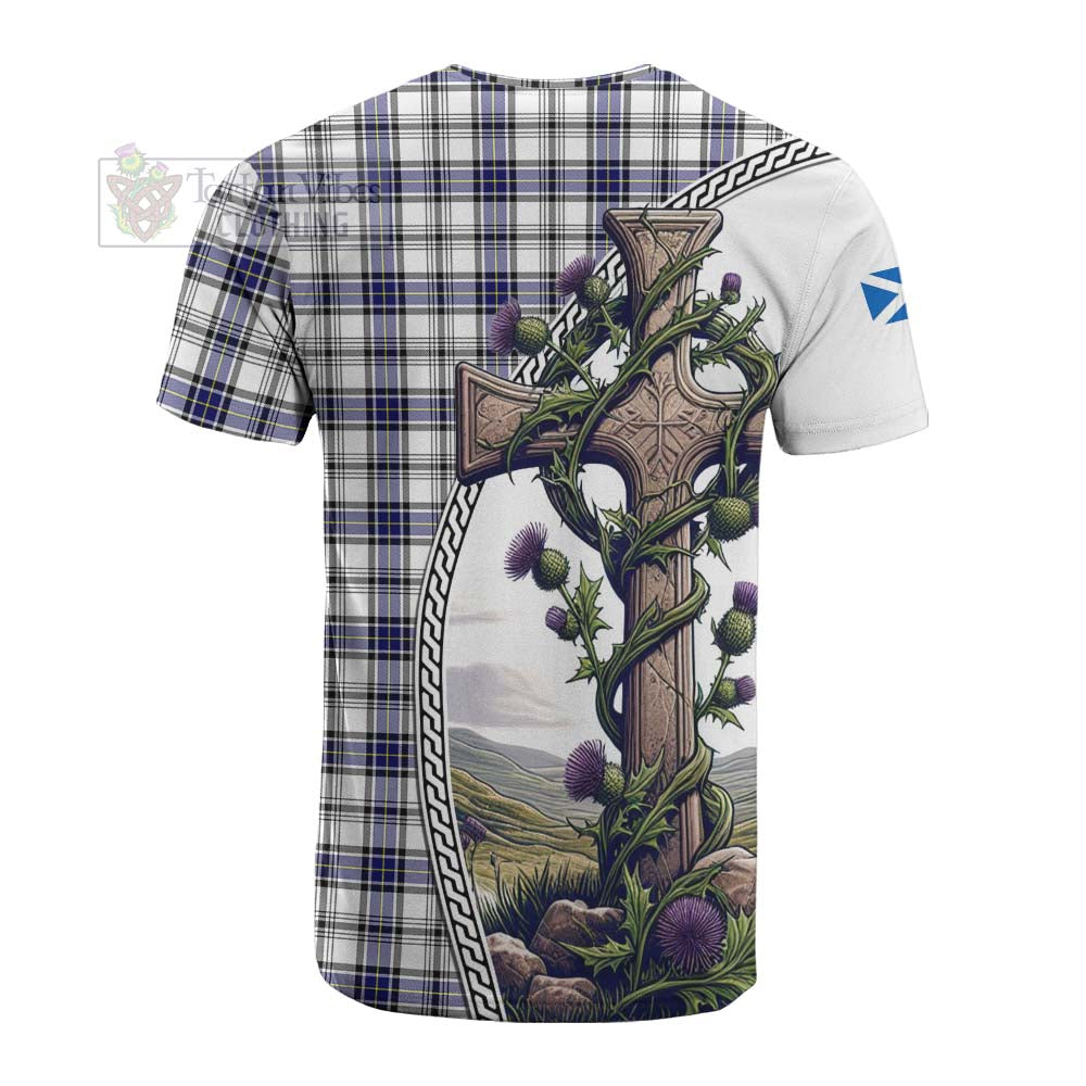 Tartan Vibes Clothing Hannay Tartan Cotton T-shirt with Family Crest and St. Andrew's Cross Accented by Thistle Vines