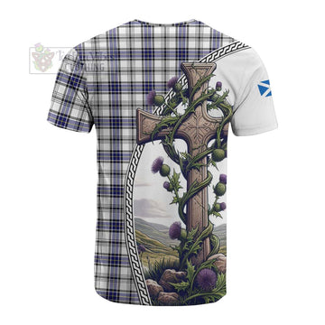 Hannay Tartan Cotton T-shirt with Family Crest and St. Andrew's Cross Accented by Thistle Vines