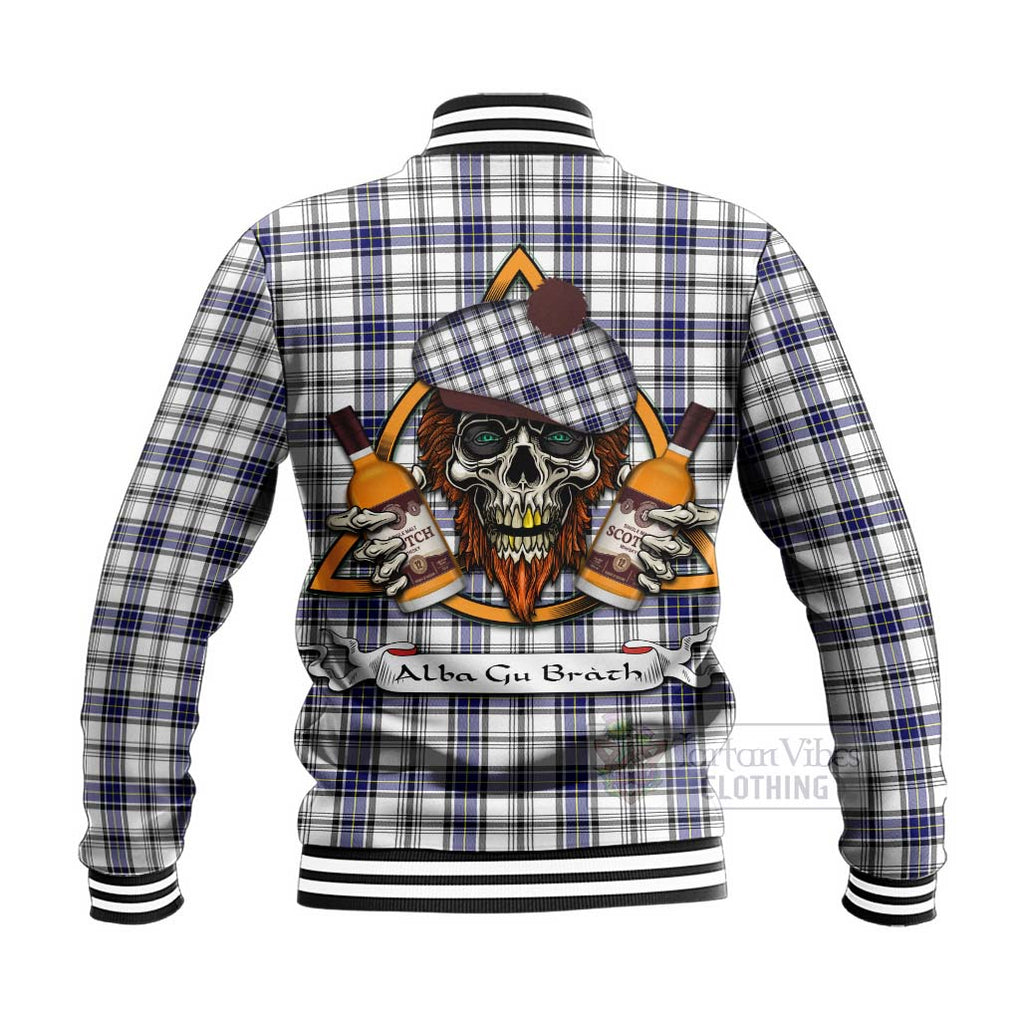 Tartan Vibes Clothing Hannay Tartan Baseball Jacket with Family Crest and Bearded Skull Holding Bottles of Whiskey