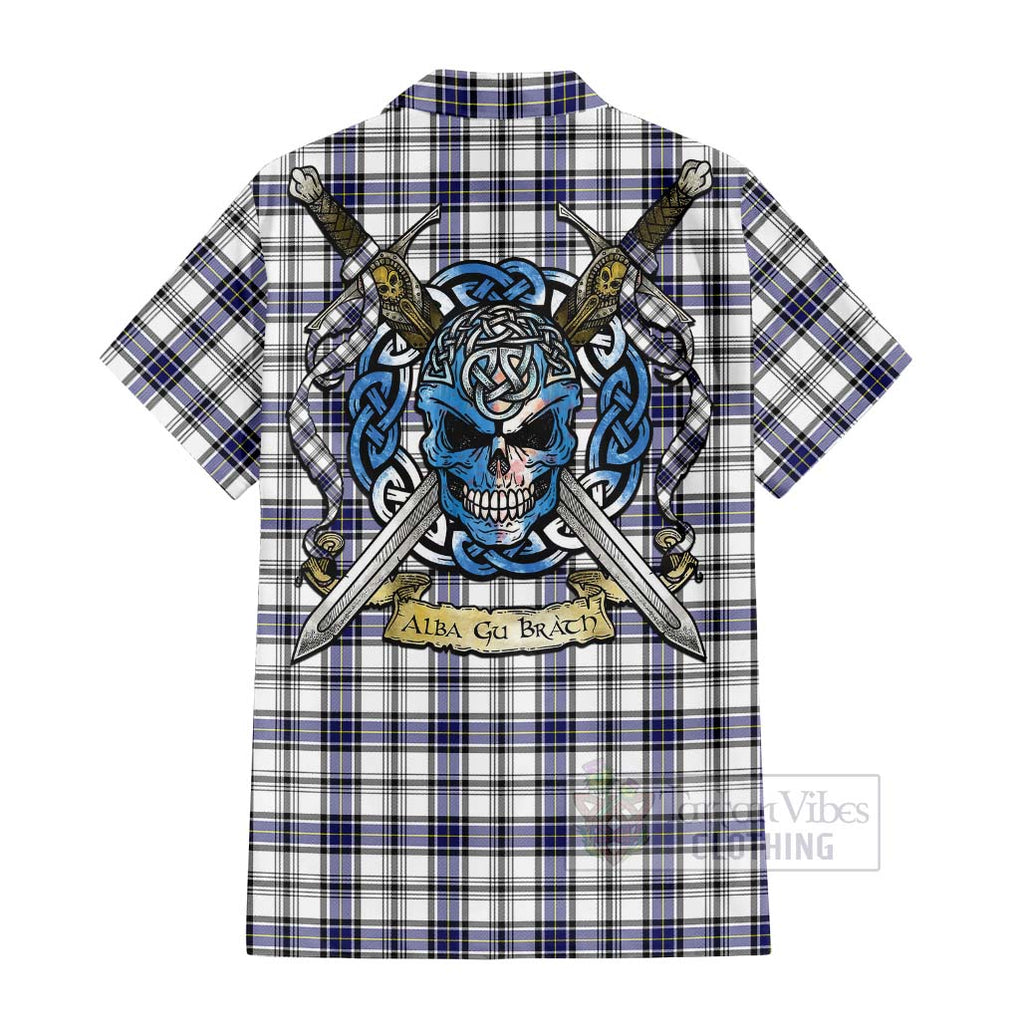 Tartan Vibes Clothing Hannay Tartan Short Sleeve Button Shirt with Family Crest Celtic Skull Style