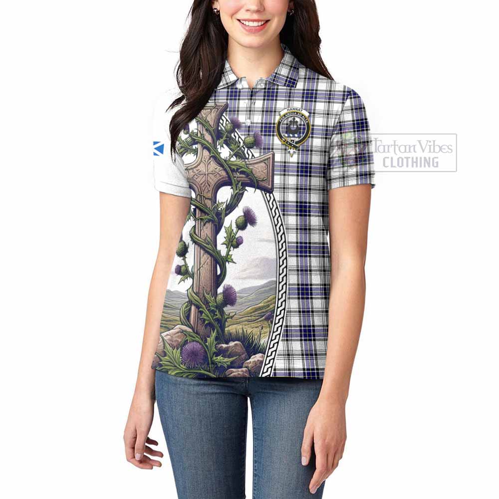 Tartan Vibes Clothing Hannay Tartan Women's Polo Shirt with Family Crest and St. Andrew's Cross Accented by Thistle Vines