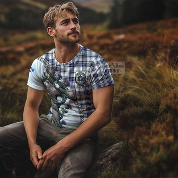 Hannay Tartan T-Shirt with Family Crest and St. Andrew's Cross Accented by Thistle Vines