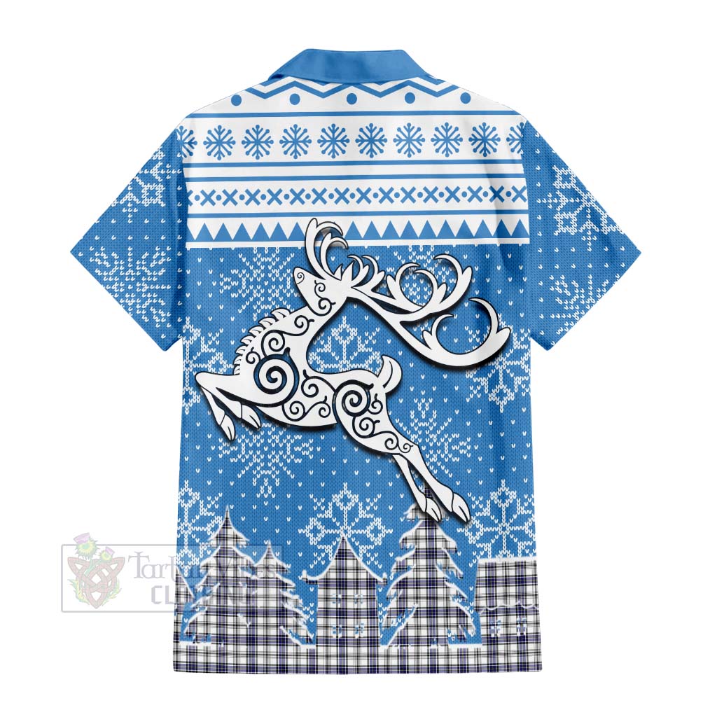 Tartan Vibes Clothing Hannay Clan Christmas Short Sleeve Button Shirt Celtic Reindeer Style