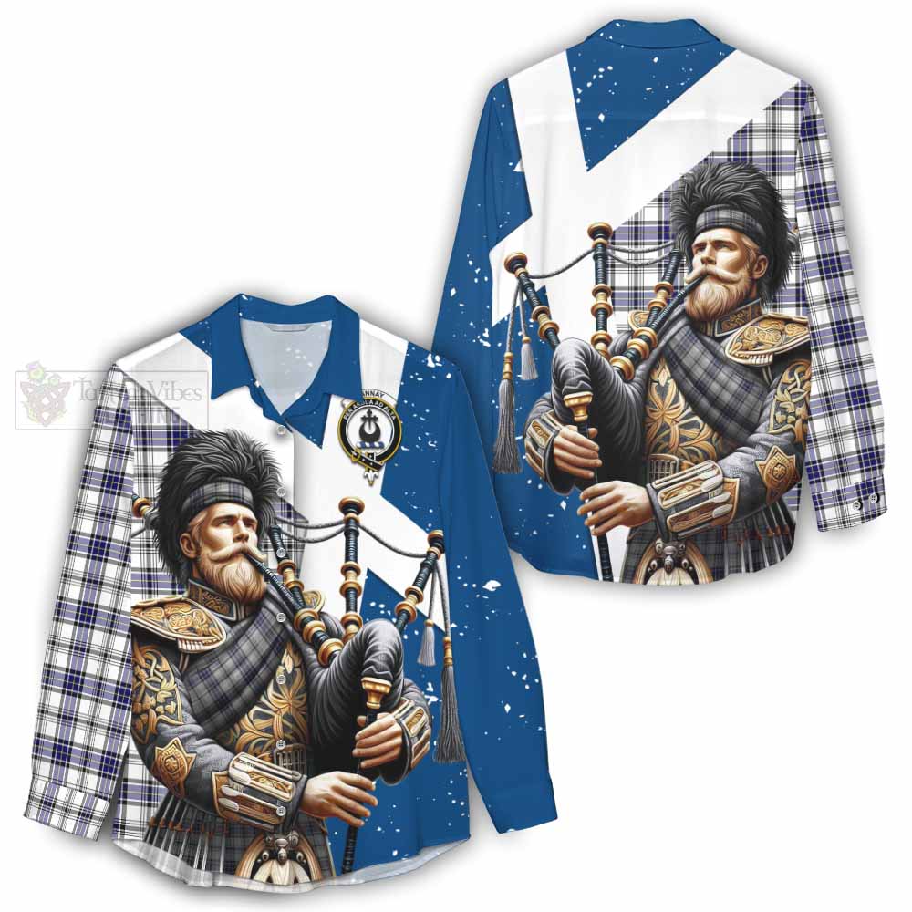 Tartan Vibes Clothing Hannay Tartan Women's Casual Shirt with Family Crest Scottish Bagpiper Vibes