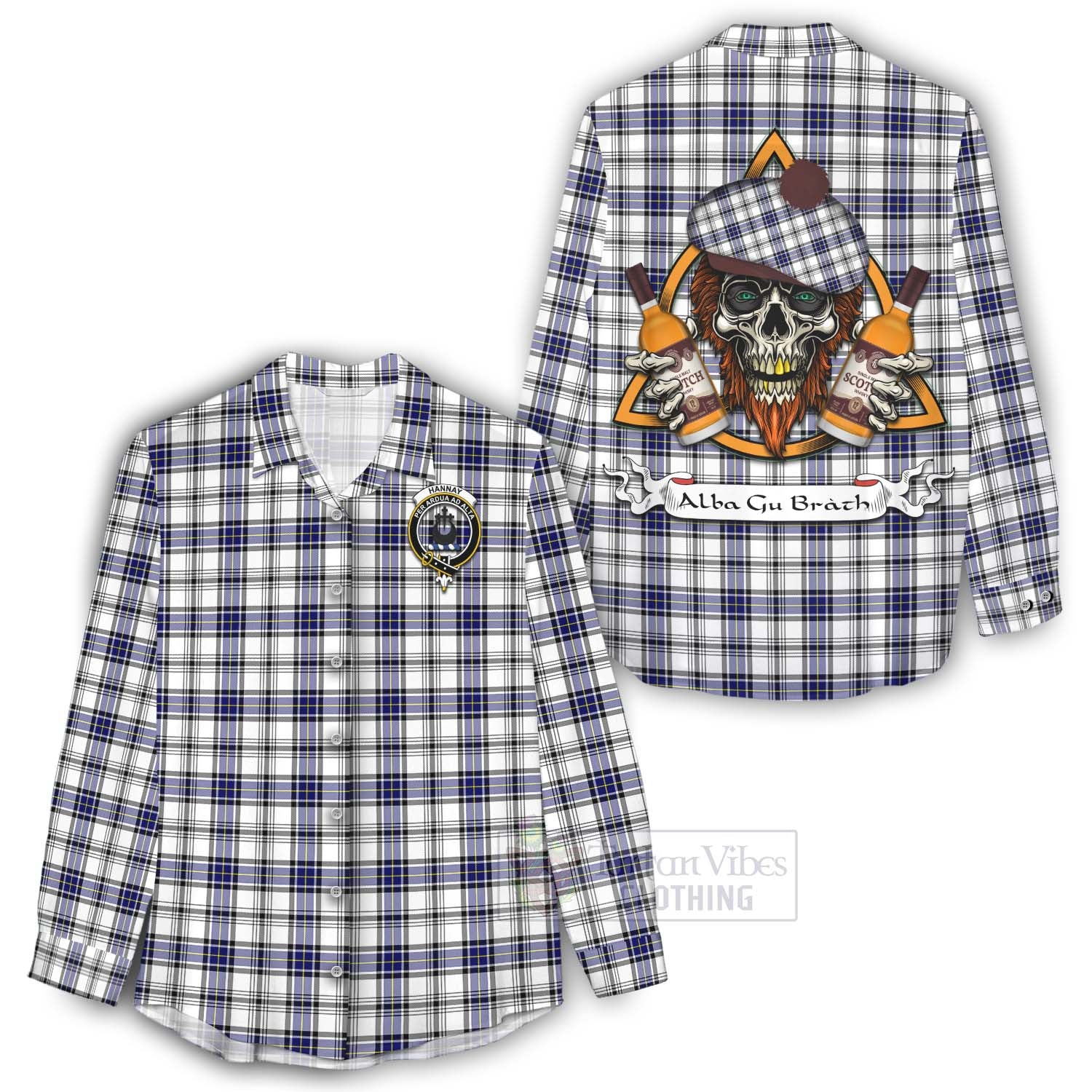 Tartan Vibes Clothing Hannay Tartan Women's Casual Shirt with Family Crest and Bearded Skull Holding Bottles of Whiskey