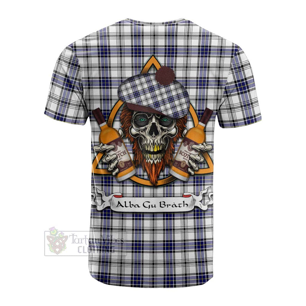 Tartan Vibes Clothing Hannay Tartan Cotton T-shirt with Family Crest and Bearded Skull Holding Bottles of Whiskey