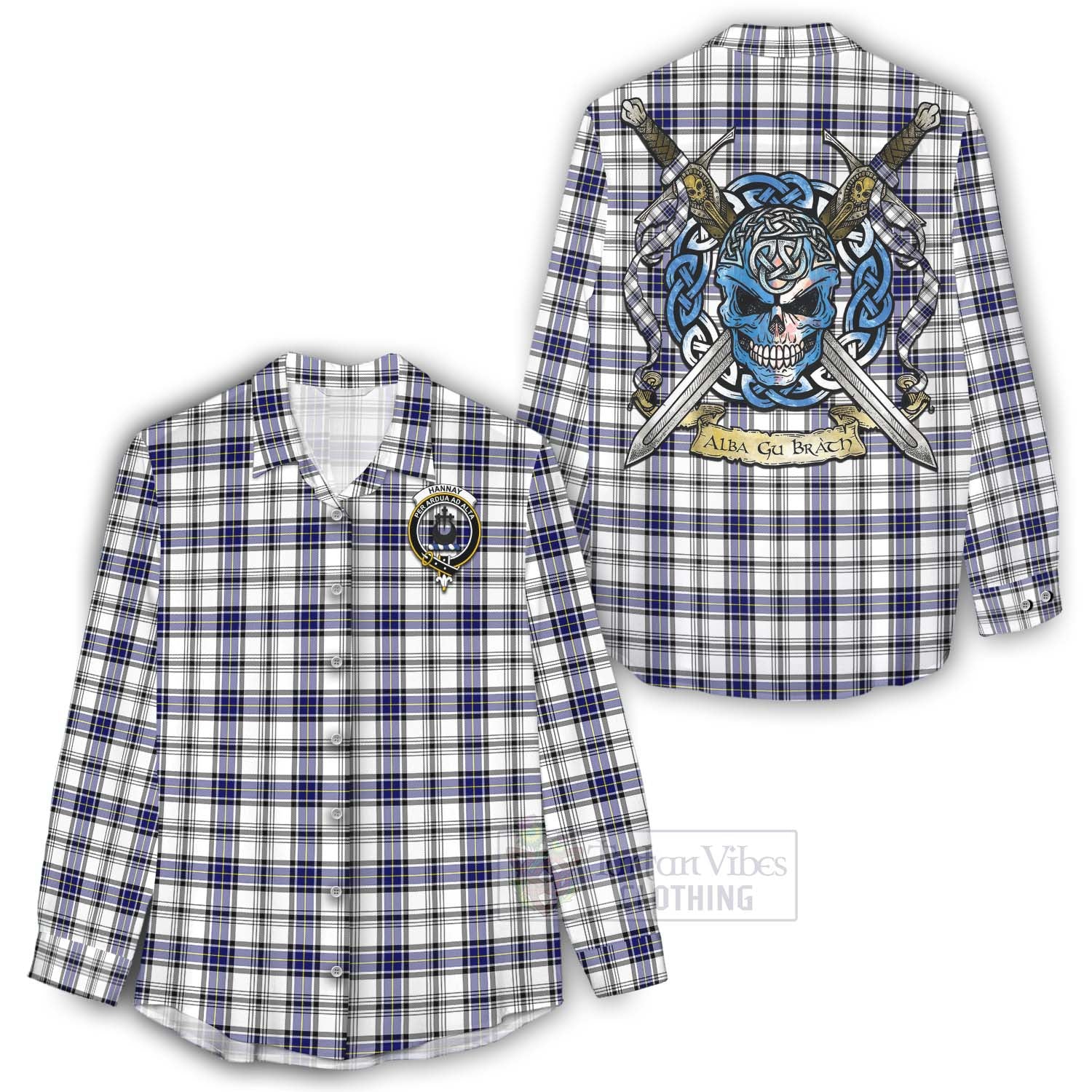 Tartan Vibes Clothing Hannay Tartan Women's Casual Shirt with Family Crest Celtic Skull Style