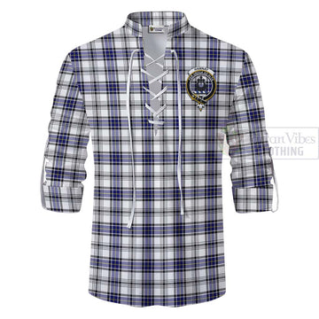 Hannay Tartan Ghillie Kilt Shirt with Family Crest and Bearded Skull Holding Bottles of Whiskey