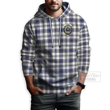 Hannay Tartan Hoodie with Family Crest and Bearded Skull Holding Bottles of Whiskey