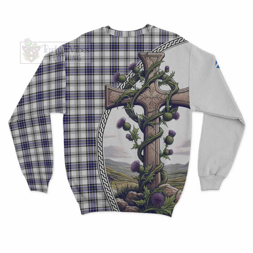 Tartan Vibes Clothing Hannay Tartan Sweatshirt with Family Crest and St. Andrew's Cross Accented by Thistle Vines