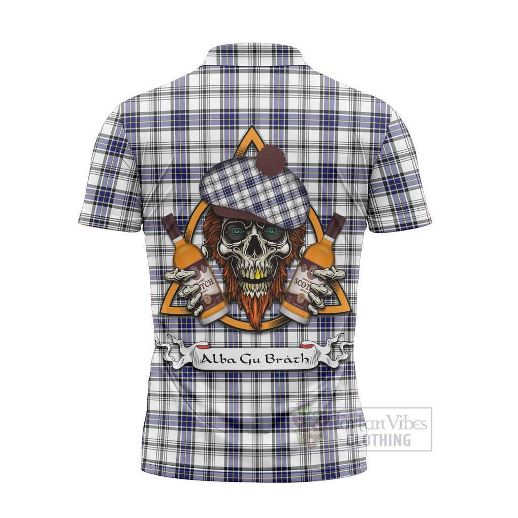 Tartan Vibes Clothing Hannay Tartan Zipper Polo Shirt with Family Crest and Bearded Skull Holding Bottles of Whiskey