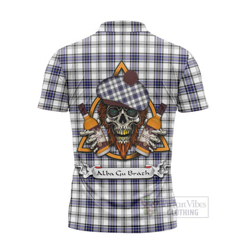 Hannay Tartan Zipper Polo Shirt with Family Crest and Bearded Skull Holding Bottles of Whiskey