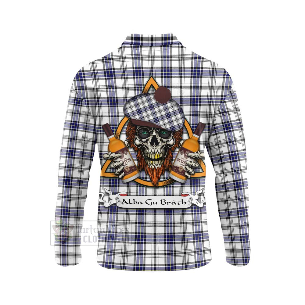 Tartan Vibes Clothing Hannay Tartan Long Sleeve Polo Shirt with Family Crest and Bearded Skull Holding Bottles of Whiskey