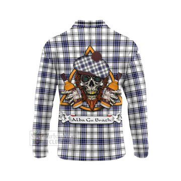 Hannay Tartan Long Sleeve Polo Shirt with Family Crest and Bearded Skull Holding Bottles of Whiskey