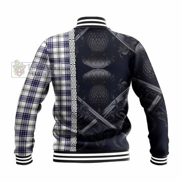 Hannay Tartan Baseball Jacket with Family Crest Cross Sword Thistle Celtic Vibes