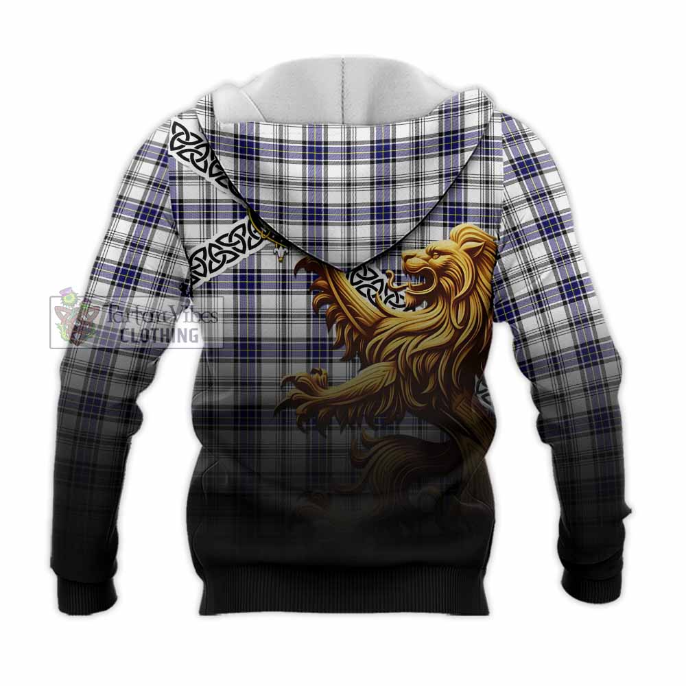Hannay Crest Tartan Knitted Hoodie with Golden Lion Emblem Celtic Style - Tartan Vibes Clothing