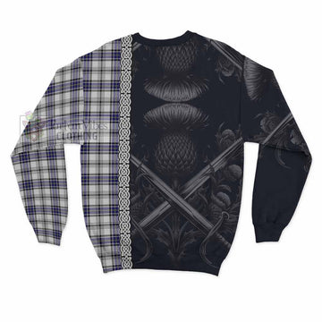 Hannay Tartan Sweatshirt with Family Crest Cross Sword Thistle Celtic Vibes