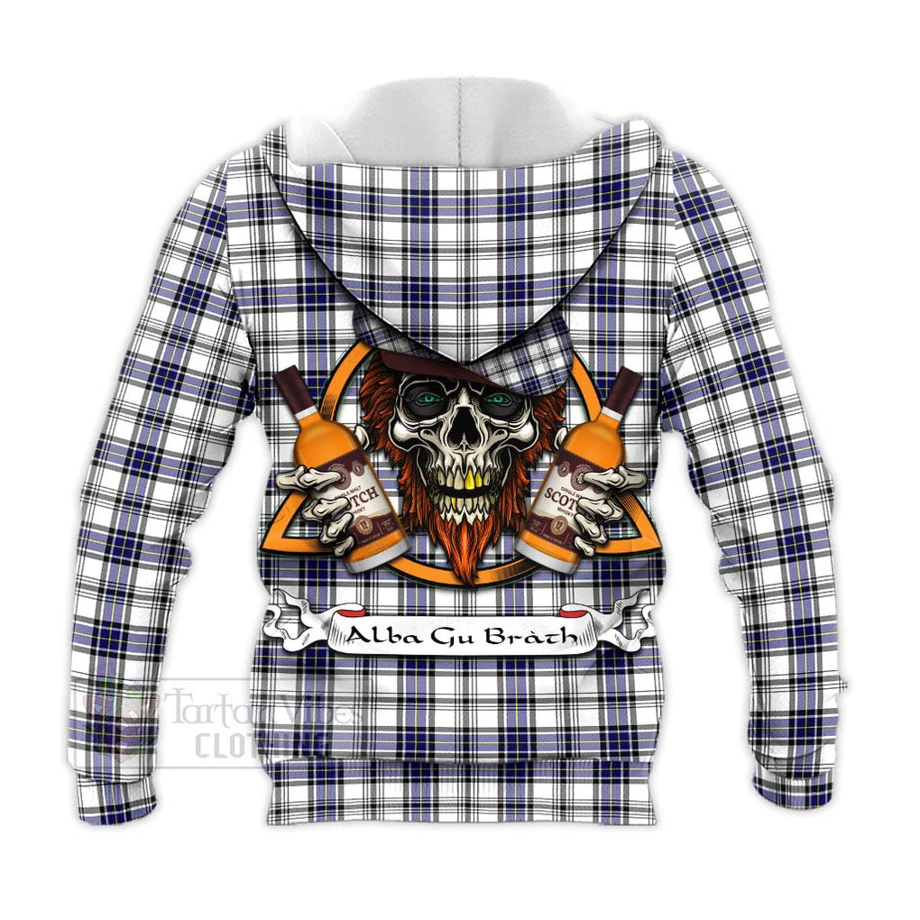 Tartan Vibes Clothing Hannay Tartan Knitted Hoodie with Family Crest and Bearded Skull Holding Bottles of Whiskey