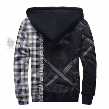 Hannay Tartan Sherpa Hoodie with Family Crest Cross Sword Thistle Celtic Vibes