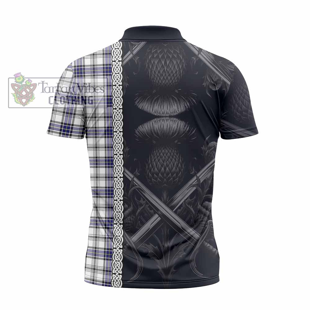 Tartan Vibes Clothing Hannay Tartan Zipper Polo Shirt with Family Crest Cross Sword Thistle Celtic Vibes