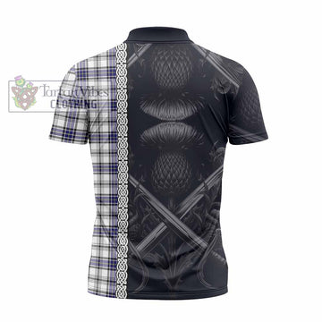 Hannay Tartan Zipper Polo Shirt with Family Crest Cross Sword Thistle Celtic Vibes