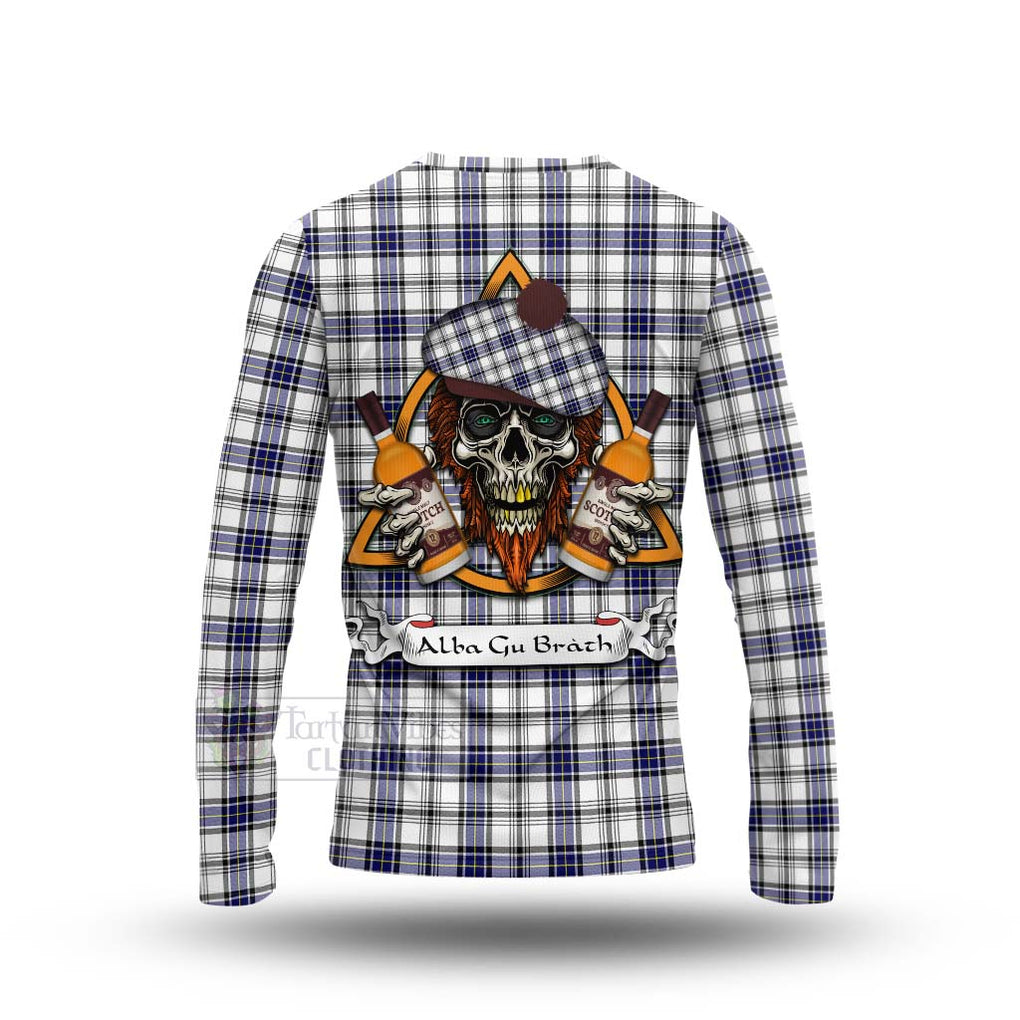 Tartan Vibes Clothing Hannay Tartan Long Sleeve T-Shirt with Family Crest and Bearded Skull Holding Bottles of Whiskey