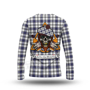 Hannay Tartan Long Sleeve T-Shirt with Family Crest and Bearded Skull Holding Bottles of Whiskey