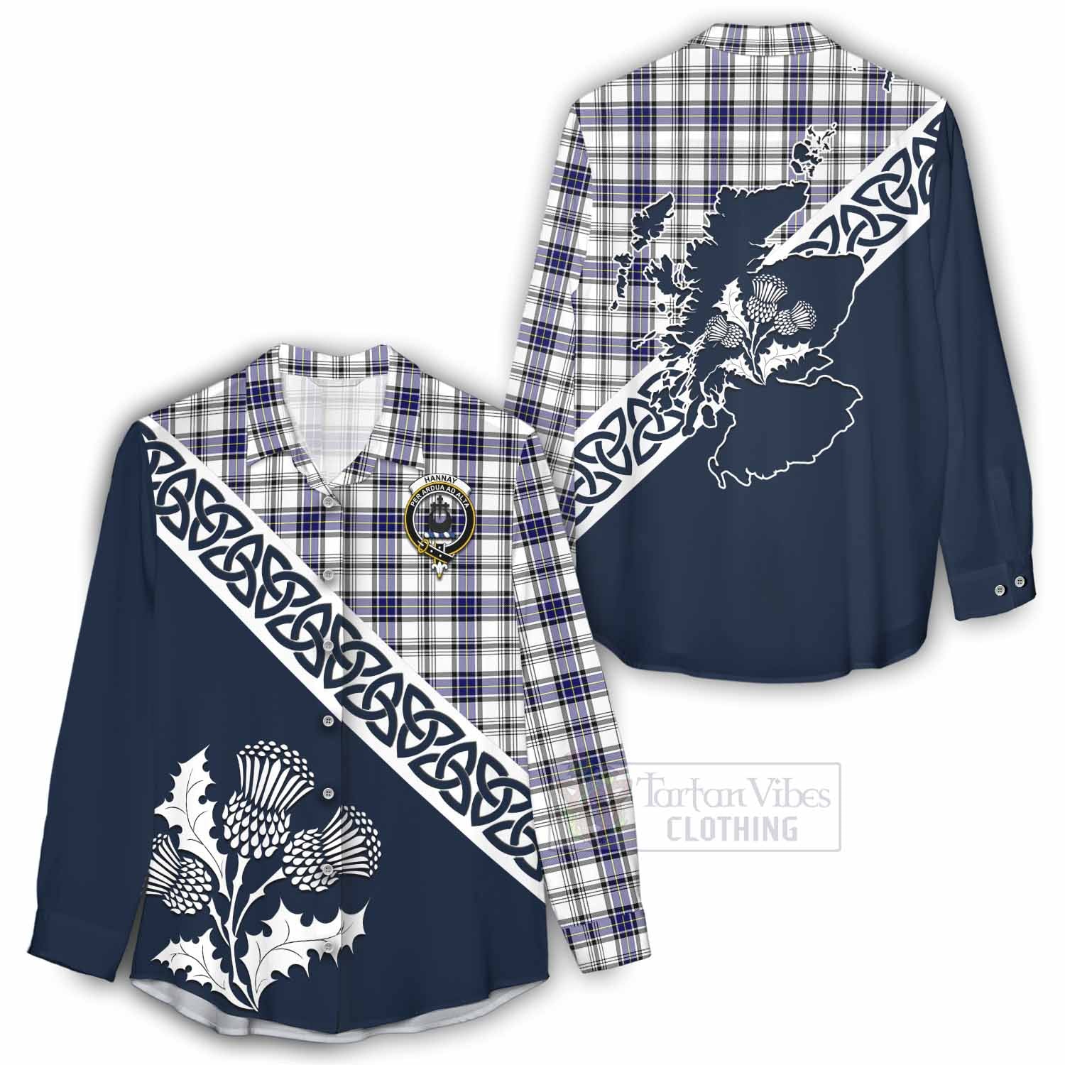 Tartan Vibes Clothing Hannay Tartan Women's Casual Shirt Featuring Thistle and Scotland Map