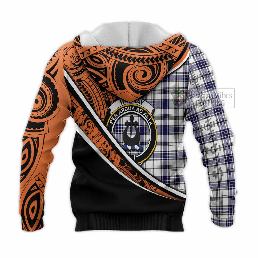 Tartan Vibes Clothing Hannay Crest Tartan Knitted Hoodie with Maori Tattoo Style - Orange Version