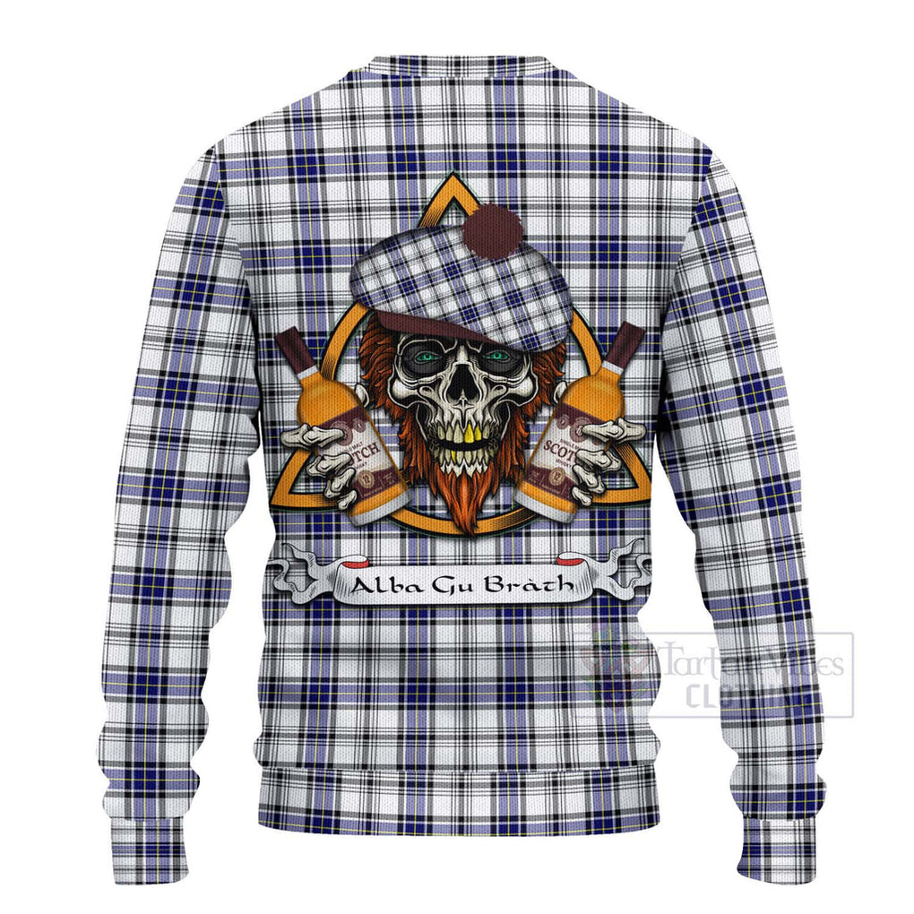 Tartan Vibes Clothing Hannay Tartan Knitted Sweater with Family Crest and Bearded Skull Holding Bottles of Whiskey