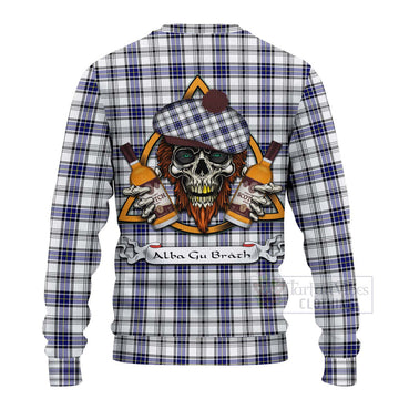 Hannay Tartan Ugly Sweater with Family Crest and Bearded Skull Holding Bottles of Whiskey