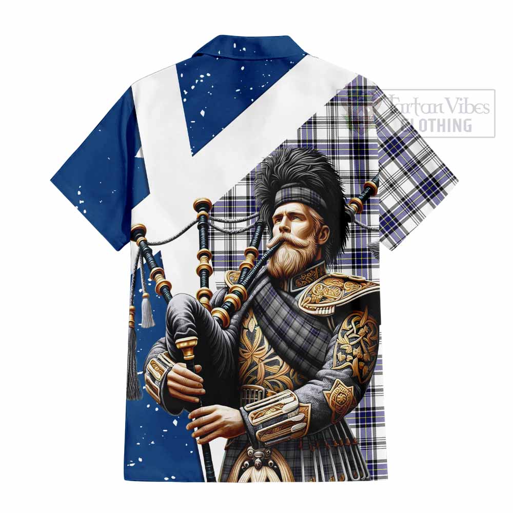 Tartan Vibes Clothing Hannay Tartan Short Sleeve Button Shirt with Family Crest Scottish Bagpiper Vibes