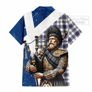 Hannay Tartan Short Sleeve Button Shirt with Family Crest Scottish Bagpiper Vibes