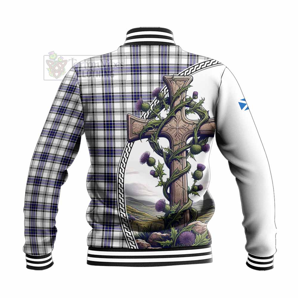 Tartan Vibes Clothing Hannay Tartan Baseball Jacket with Family Crest and St. Andrew's Cross Accented by Thistle Vines