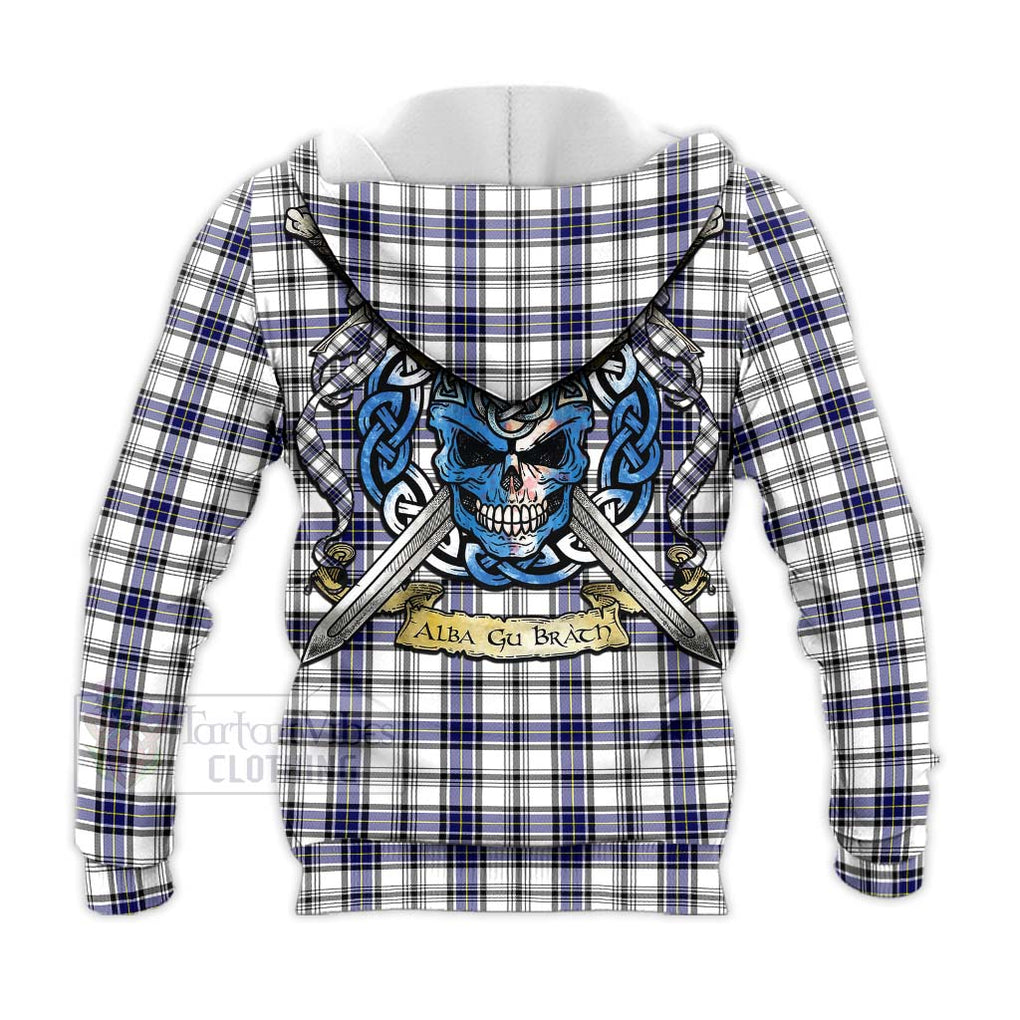 Tartan Vibes Clothing Hannay Tartan Knitted Hoodie with Family Crest Celtic Skull Style