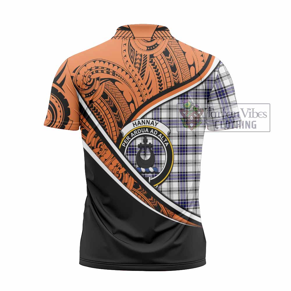 Tartan Vibes Clothing Hannay Crest Tartan Zipper Polo Shirt with Maori Tattoo Style - Orange Version