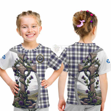 Hannay Tartan Kid T-Shirt with Family Crest and St. Andrew's Cross Accented by Thistle Vines - Tartan Vibes Clothing