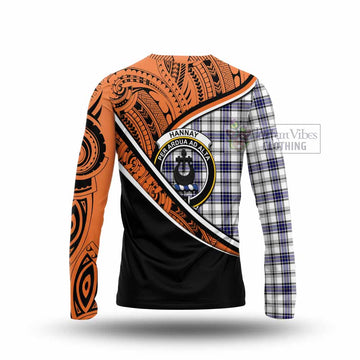 Hannay Crest Tartan Long Sleeve T-Shirt with Polynesian Vibes Style - Orange Version