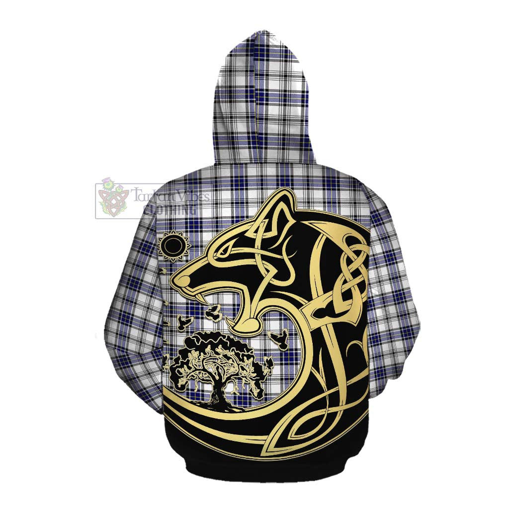 Tartan Vibes Clothing Hannay Tartan Cotton Hoodie with Family Crest Celtic Wolf Style