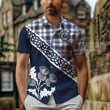 Hannay Tartan Short Sleeve Button Shirt Featuring Thistle and Scotland Map