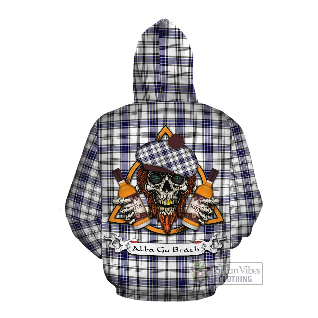 Tartan Vibes Clothing Hannay Tartan Cotton Hoodie with Family Crest and Bearded Skull Holding Bottles of Whiskey