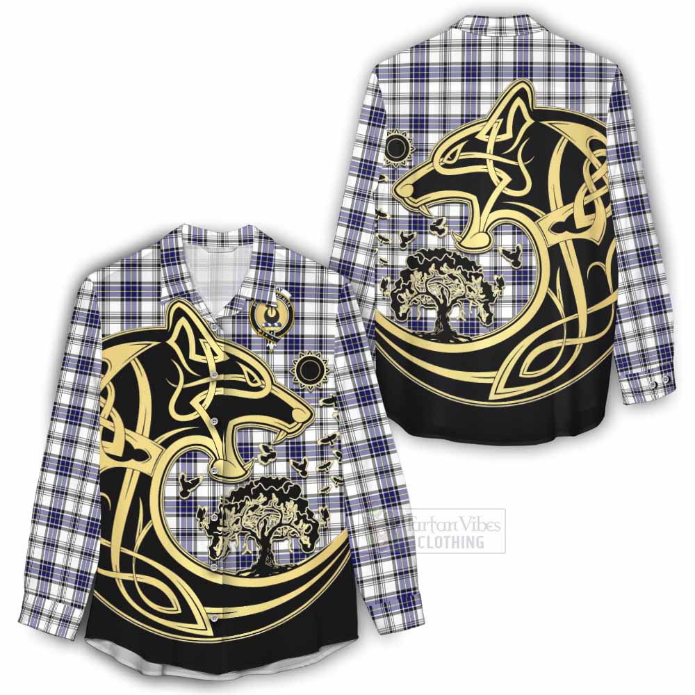 Tartan Vibes Clothing Hannay Tartan Women's Casual Shirt with Family Crest Celtic Wolf Style