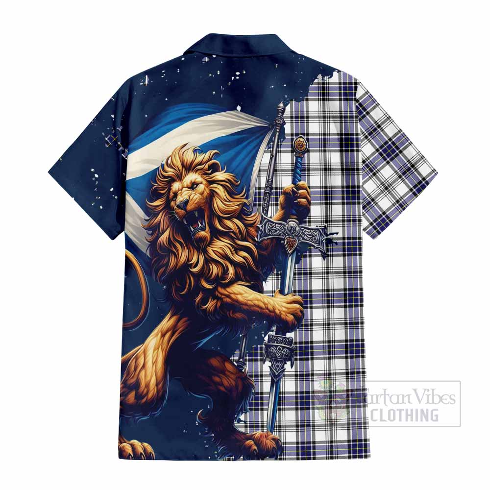 Tartan Vibes Clothing Hannay Tartan Family Crest Short Sleeve Button Shirt with Scottish Majestic Lion